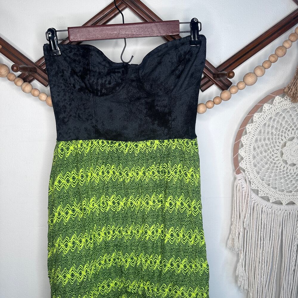 Vintage Y2K Bebe Neon Stripe Strapless Hi Lo Mini Dress